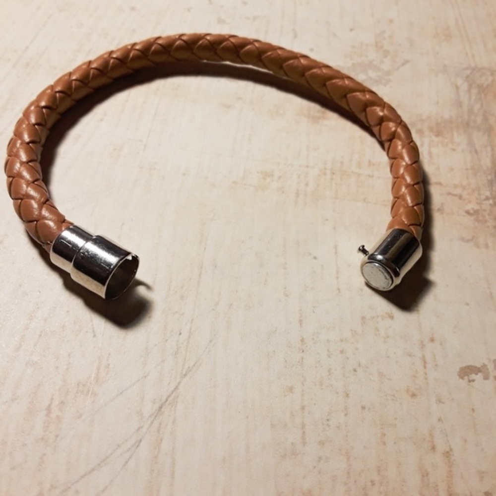 Stainless Steel Brown Braid Leather Men's Bracelet - Picture 2 of 5